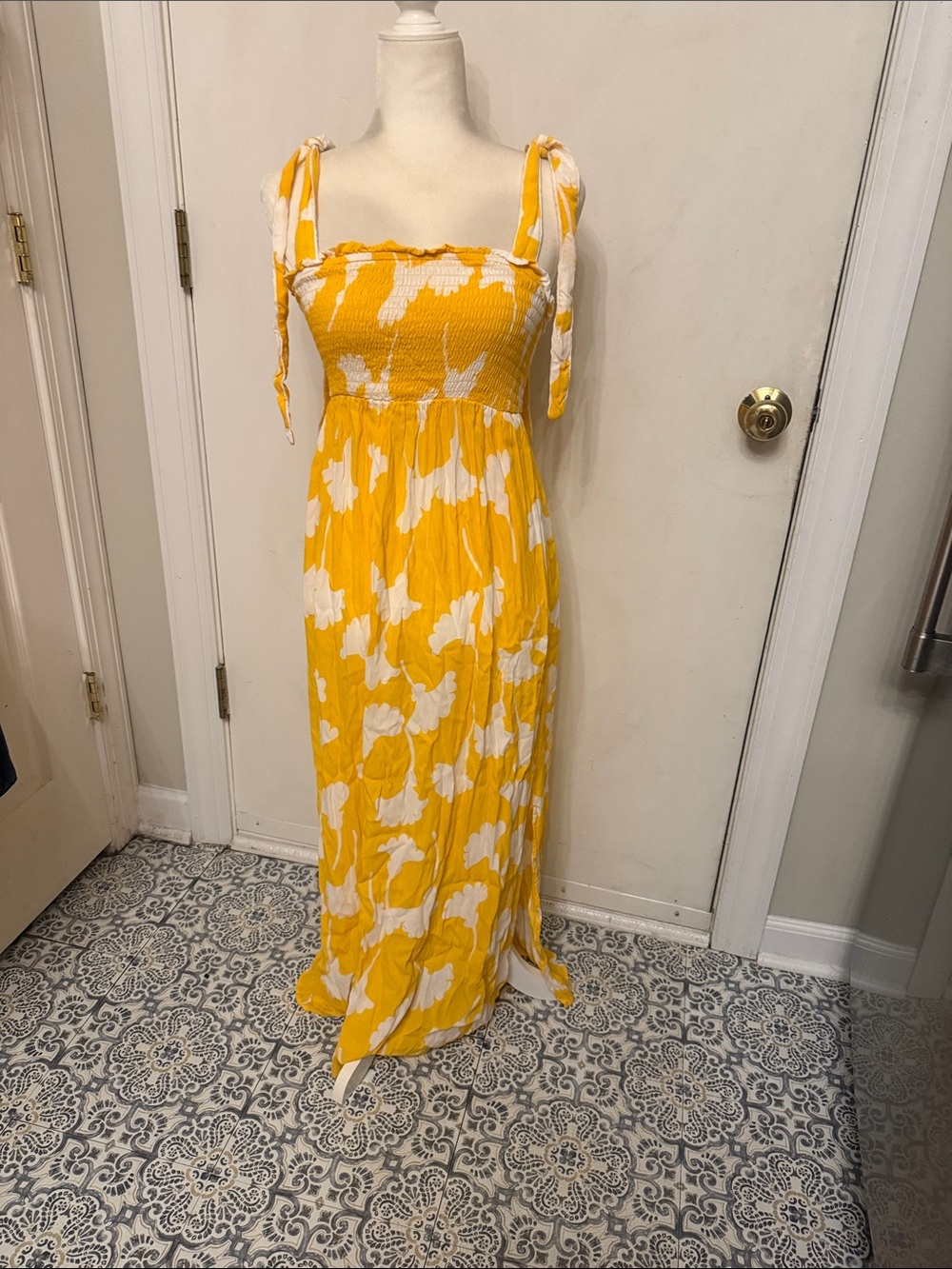 Diane Von Furstenberg Yellow and White Tie-Shoulder Smocked Maxi Dress